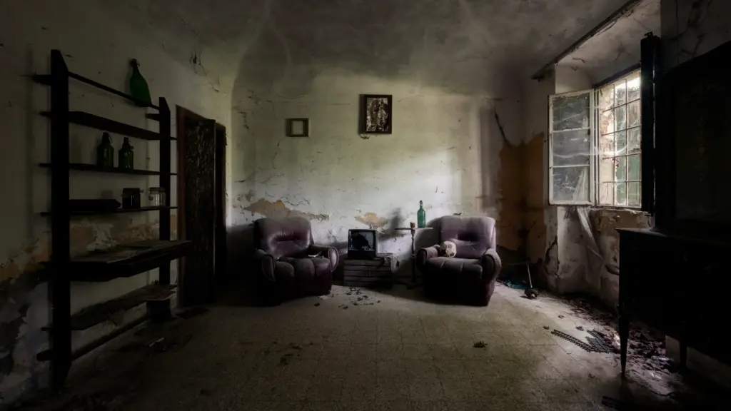 Stanza di una villa abbandonata con due poltrone, mobili e oggetti d’epoca illuminati dalla luce naturale